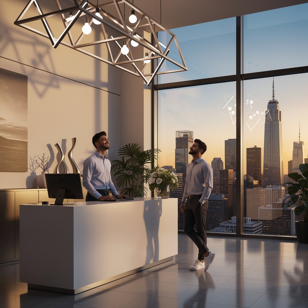 Recepción luminosa de una oficina moderna en un edificio alto con vistas a la ciudad.