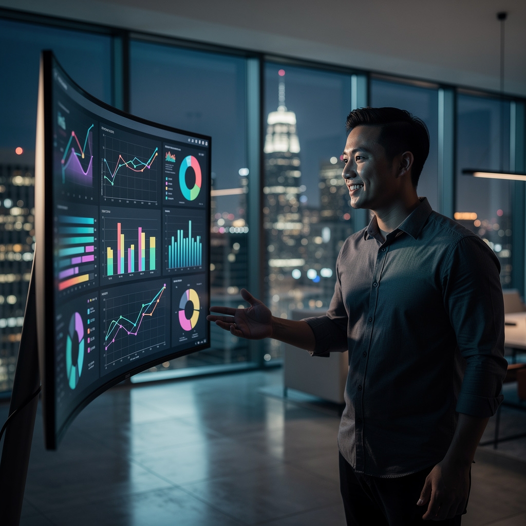 Joven profesional analizando gráficos de datos en una pantalla dentro de una oficina moderna.