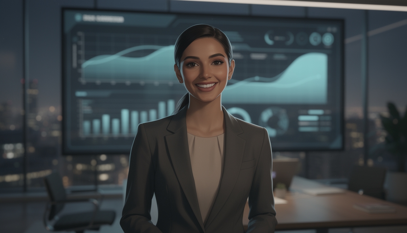 Retrato de una joven especialista sonriendo con una pantalla de análisis de datos al fondo en una oficina moderna.
