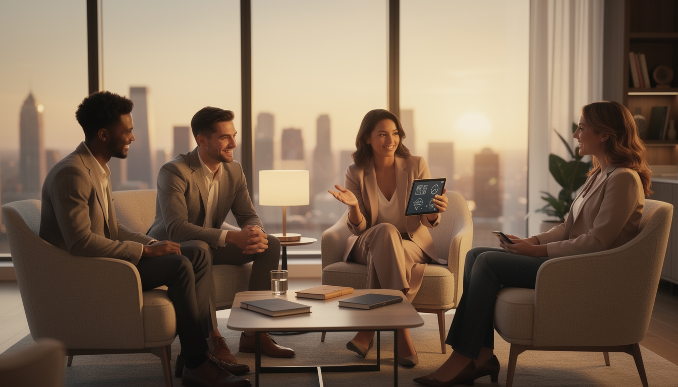 Grupo de jóvenes profesionales en una sesión práctica de trabajo colaborativo en una oficina con vistas a la ciudad.